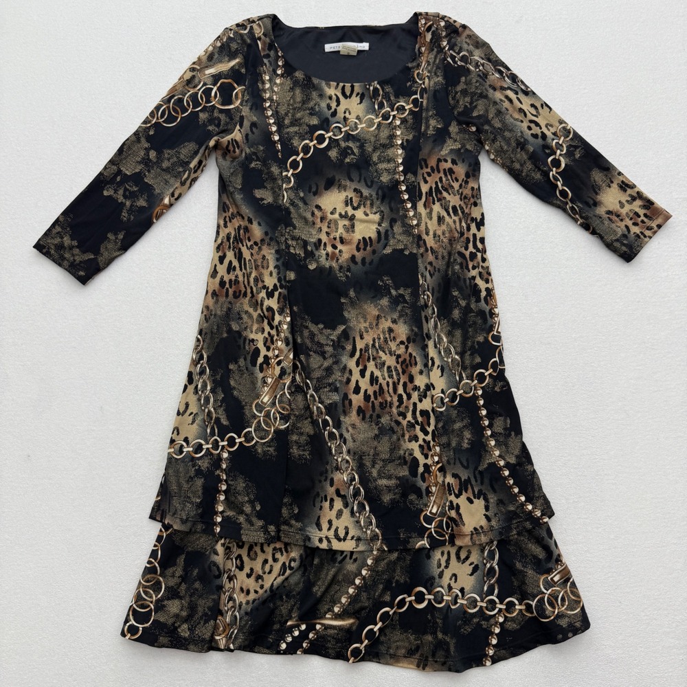 PETER NYGARD PETITES Women's S Small Leopard Chain Tiered Dress Sparkly Fancy
